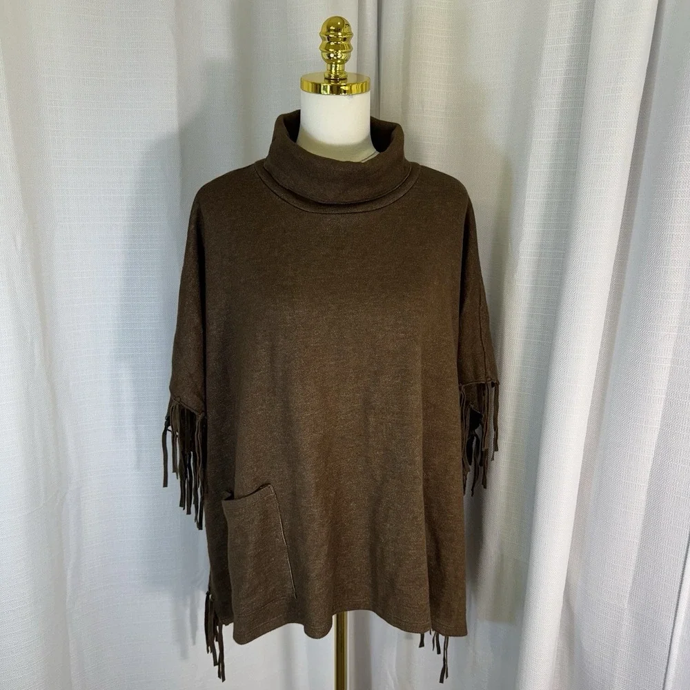 Back In the Saddle Women's Sweater Poncho‎ Fringe Brown OS Western Rodeo